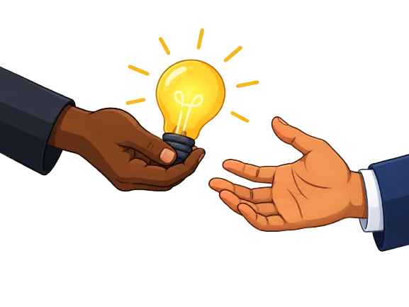 A founder handing over a glowing pitch/lightbulb to an investor reaching for it — or two people meeting across a bridge/handshake. Warm, flat illustration style. PITCON purple as the lead color, with amber and coral as small accents.